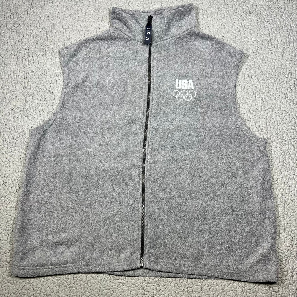 Vintage USA Olympic Committee Fleece Vest Gray Full Zip Embroidered Logo 2XL‎
